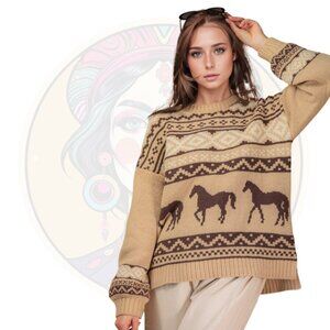 8C Western Horse Graphic Knit Sweater Top Mocha Brown